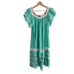 Teal Peasant Dress Embroidered Crochet Lace Boho Coquette Grandmacore M/L